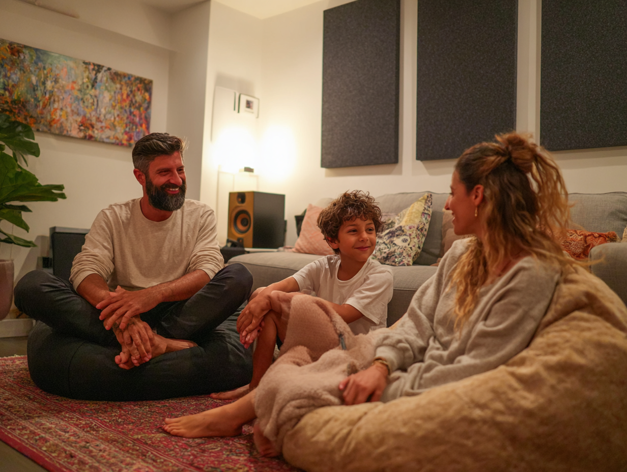 Happy family relaxing peacefully in a quiet Brooklyn apartment after professional soundproofing